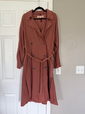 Free People Dusty Rose Long Coat Jacket Belted Double Breasted Trench Coat